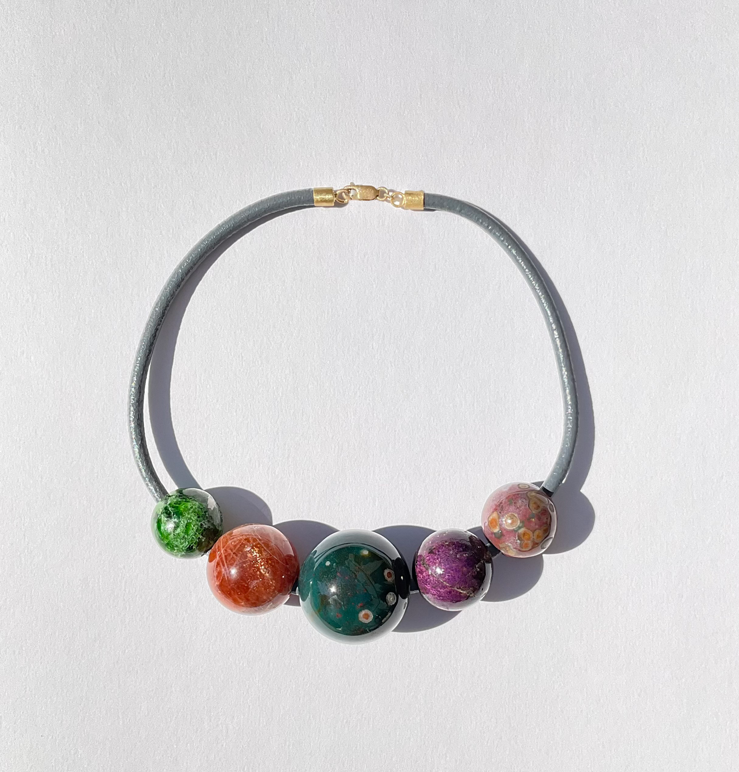 Gem Spheres Necklace, Chrome Diopside, Spessartite, Jasper, Purpurite