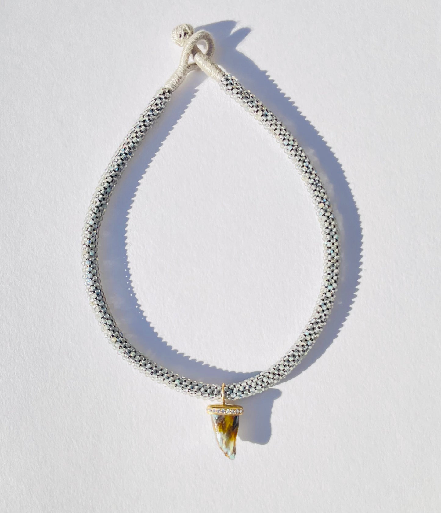 Abalone Pearl with Diamonds on Labradorite Embroidered Cord