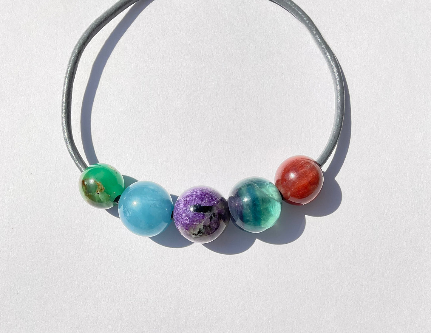 Gem Spheres Necklace, Chrysoprase, Aquamarine, Charoite, Flurorite, Sunstone