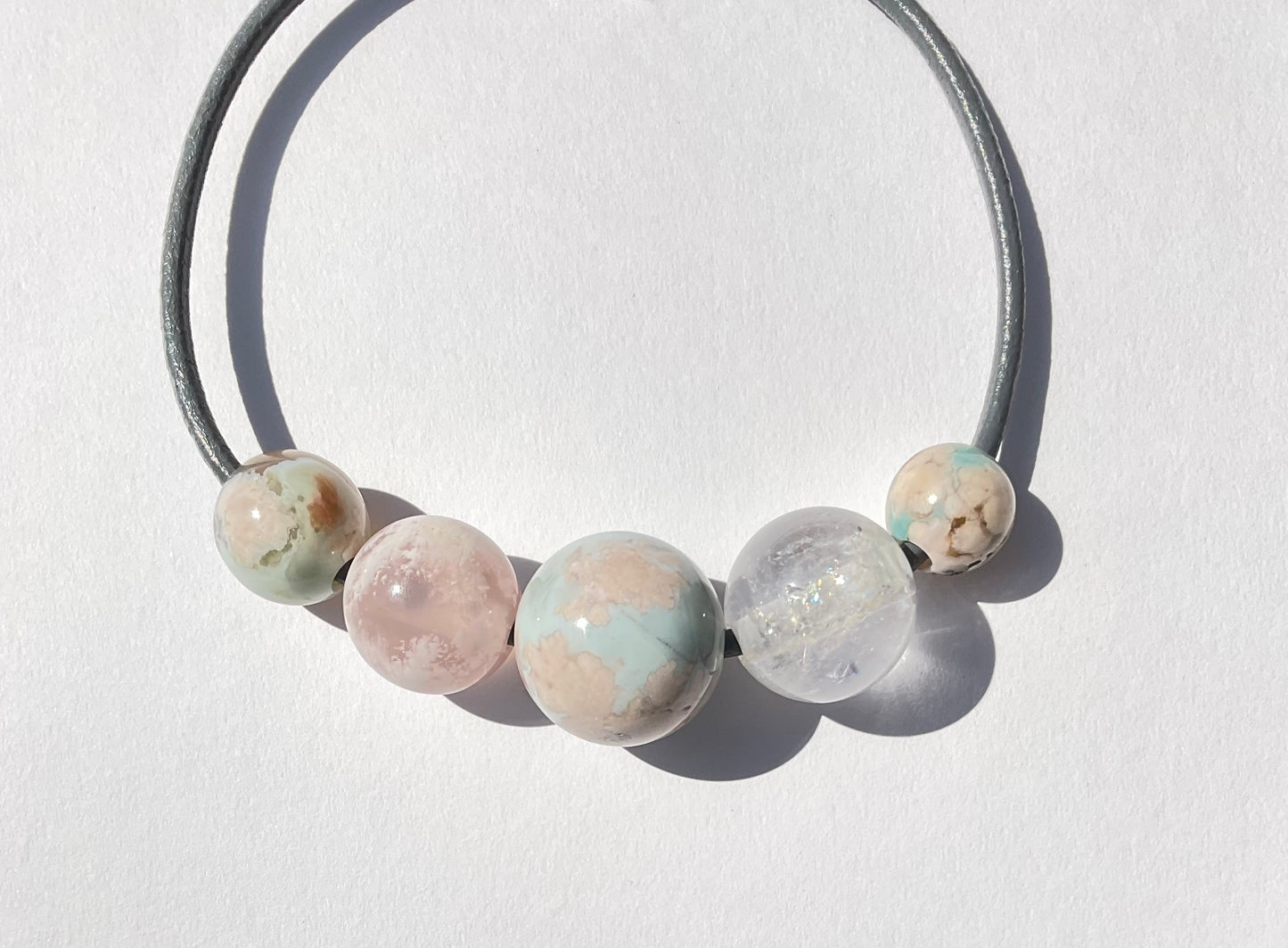 Gem Spheres Necklace, Flower Agate, Quartz