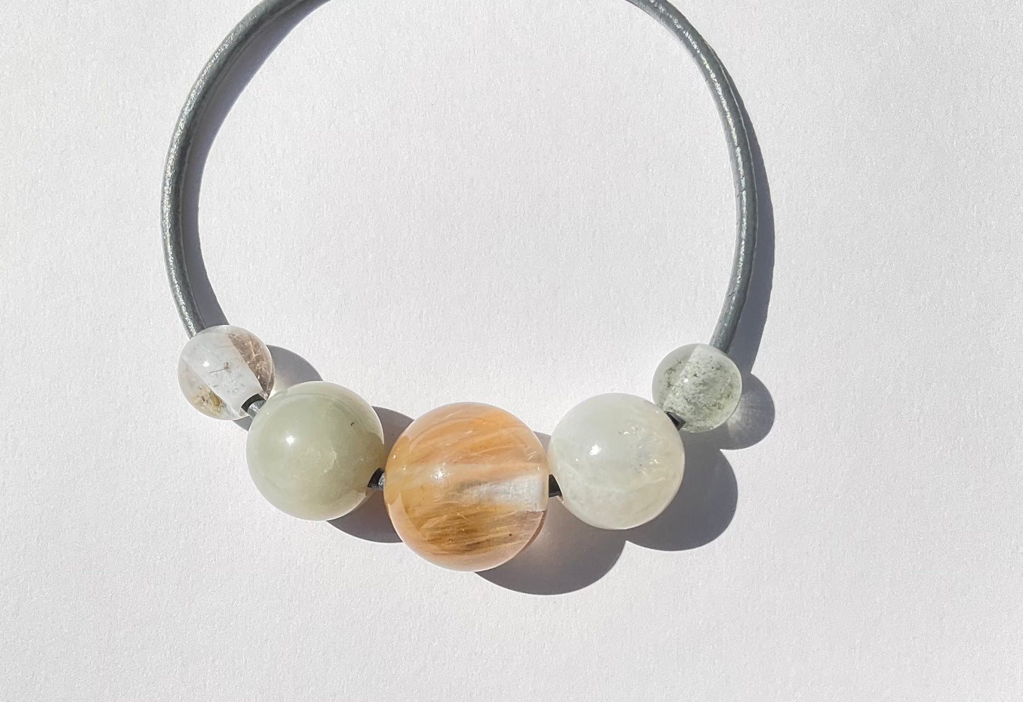 Gem Spheres Necklace, Rutilated Quartz, Moonstone and Rainbow Moonstone