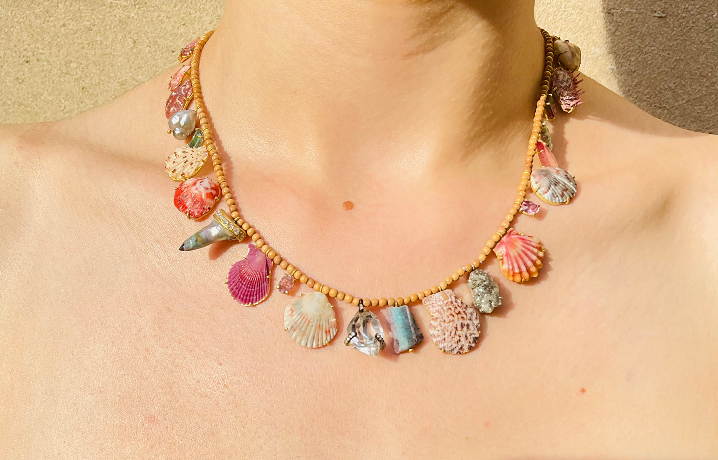 Wood Beads with Rare Shells, Abalone Pearls, Tourmalines and Diamonds