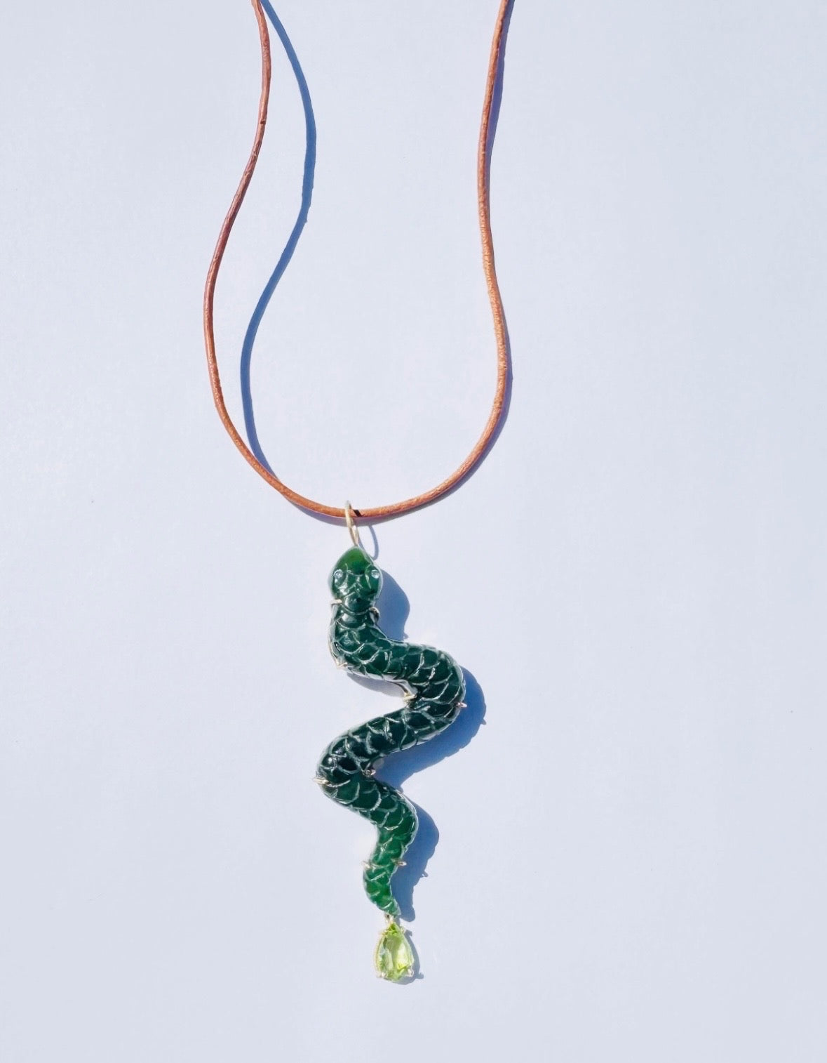 Nephrite Snake Carving Pendant with Tourmaline