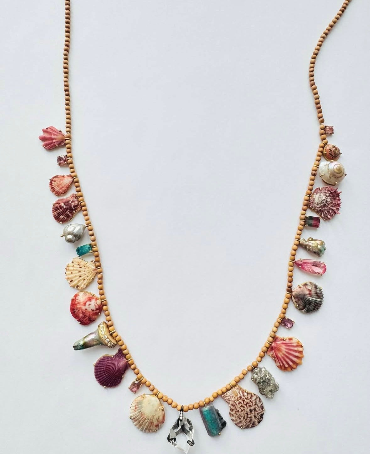 Wood Beads with Rare Shells, Abalone Pearls, Tourmalines and Diamonds