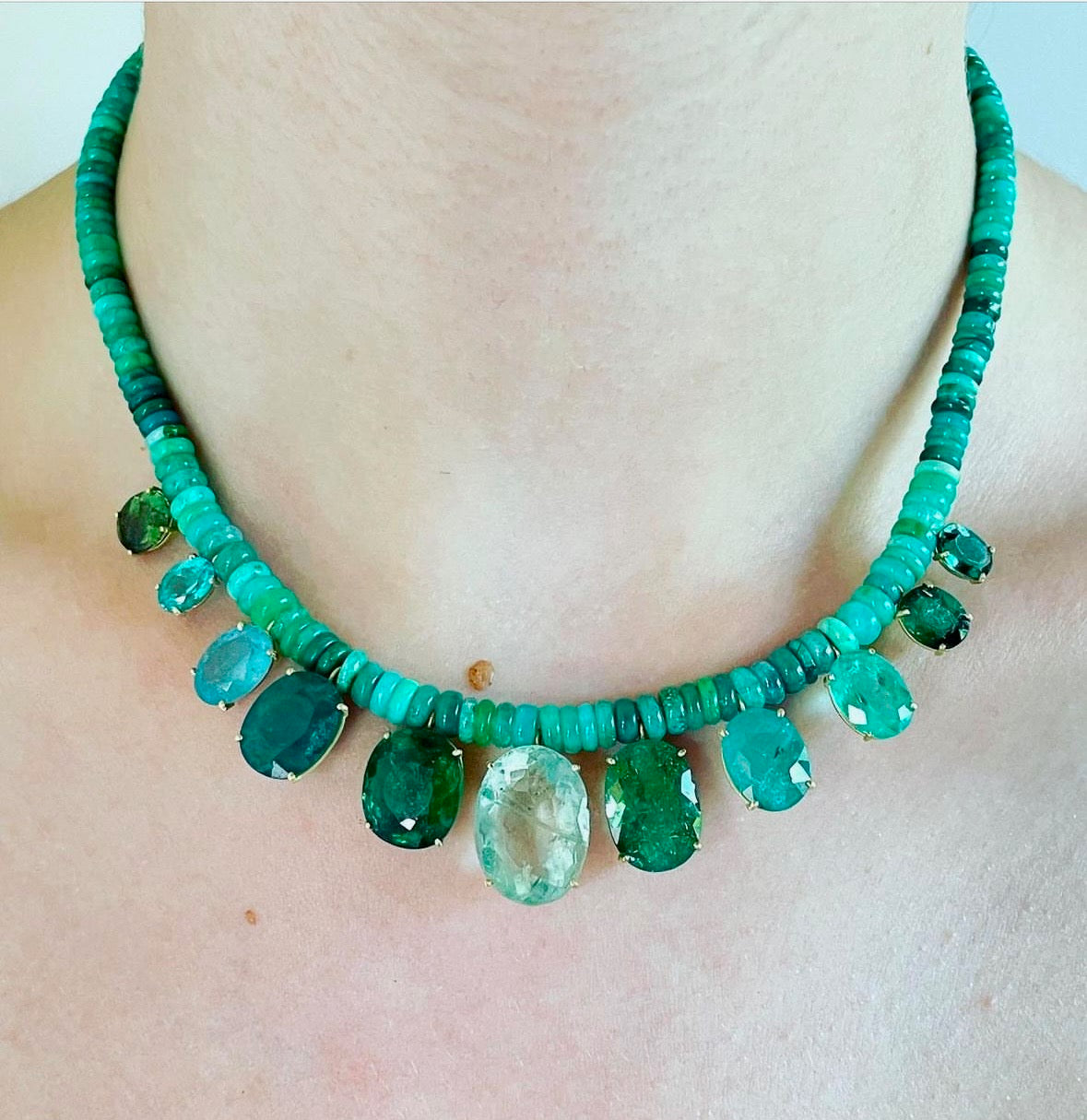 Chrysoprase Beads with Fluorite, Aquamarine, Apatite, Tourmaline and Grandiderite