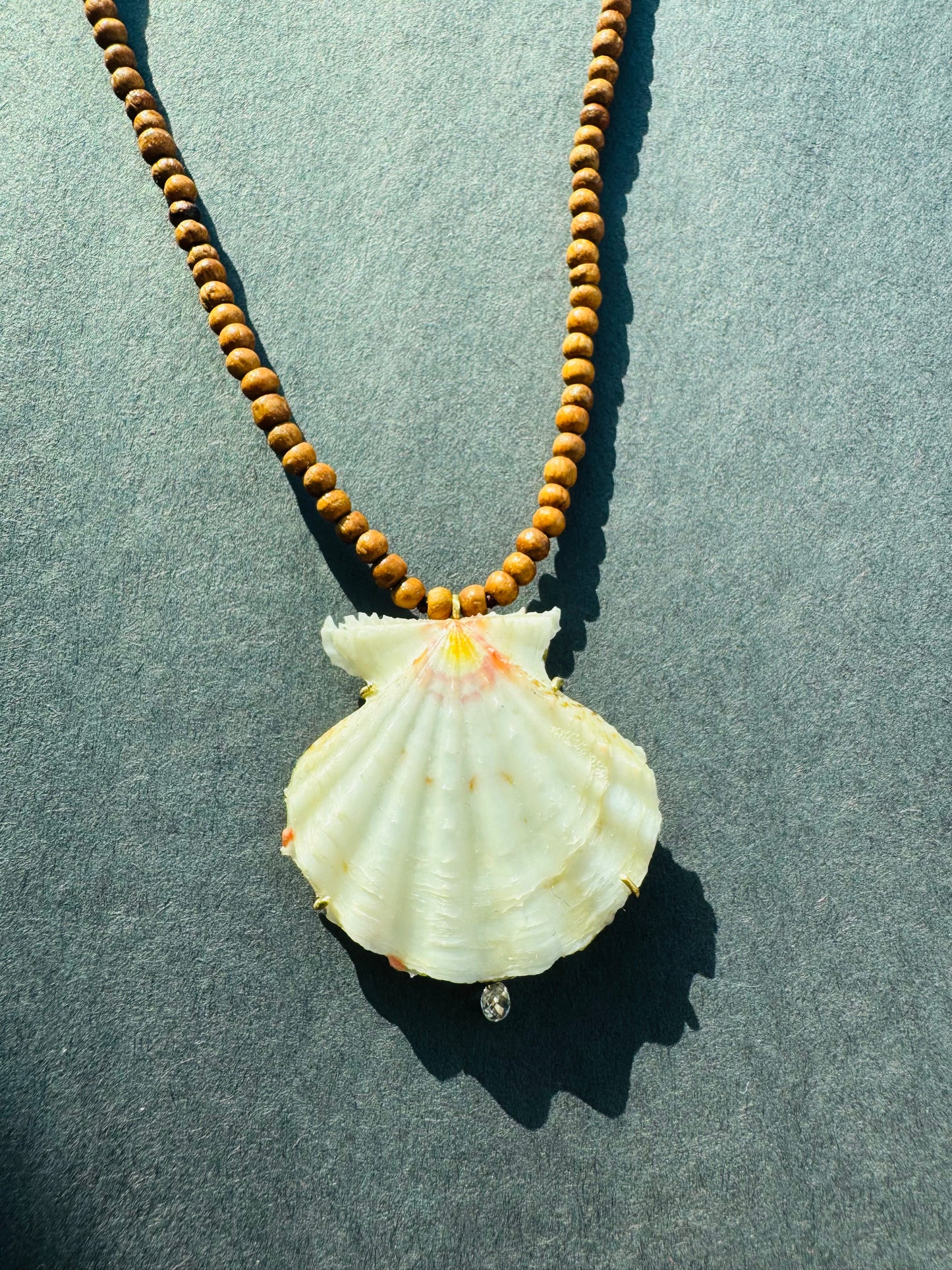 Shell with Diamond Briolette on Wood Beads