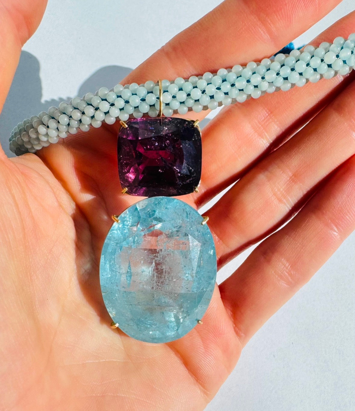Aqua Marine and Tourmaline Pendant on Amazonite choker.