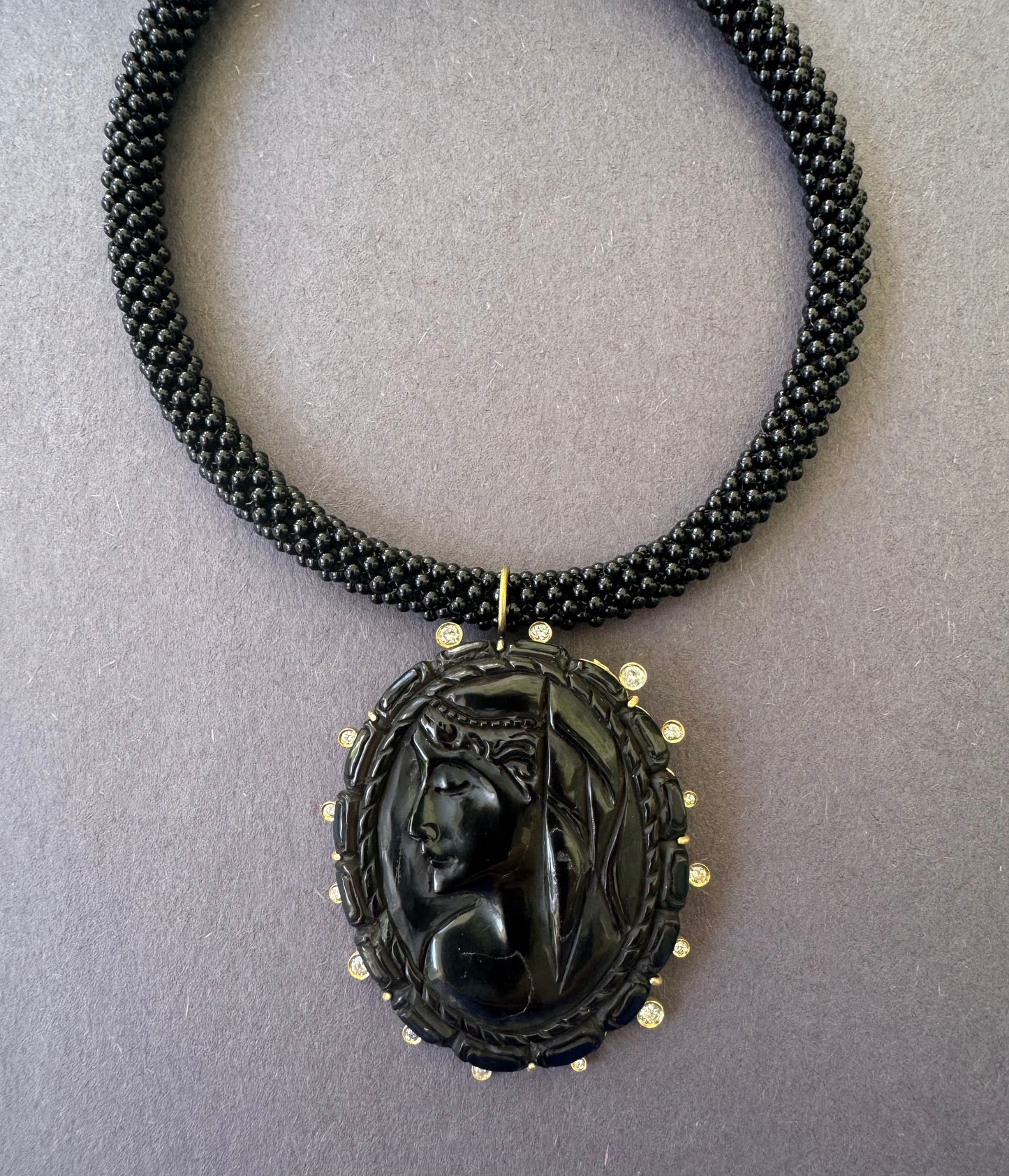 Vintage Jet Cameo with Diamonds on Black Onyx Cord