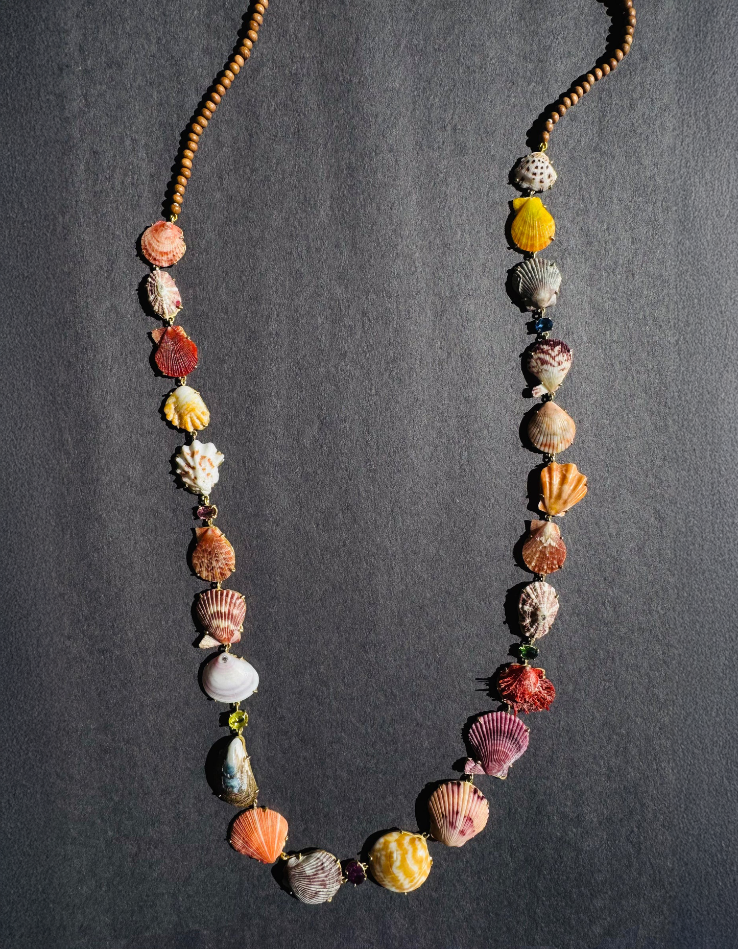 Long Shell Necklace with Tourmalines, Sphene and Diamonds
