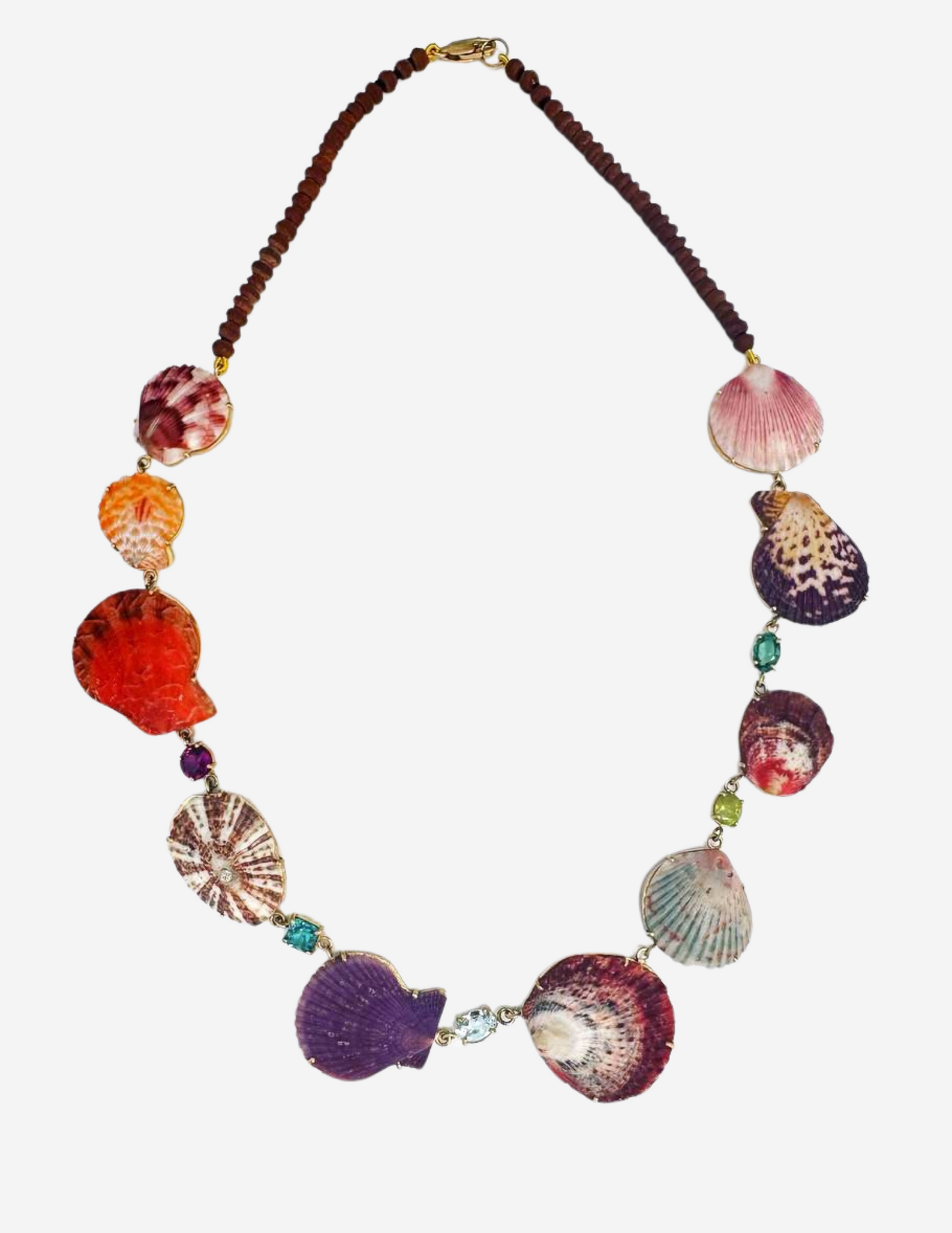 Shells with Aquamarine, Tourmaline, Garnet, Sphene and Diamond on Brown Jade Beads