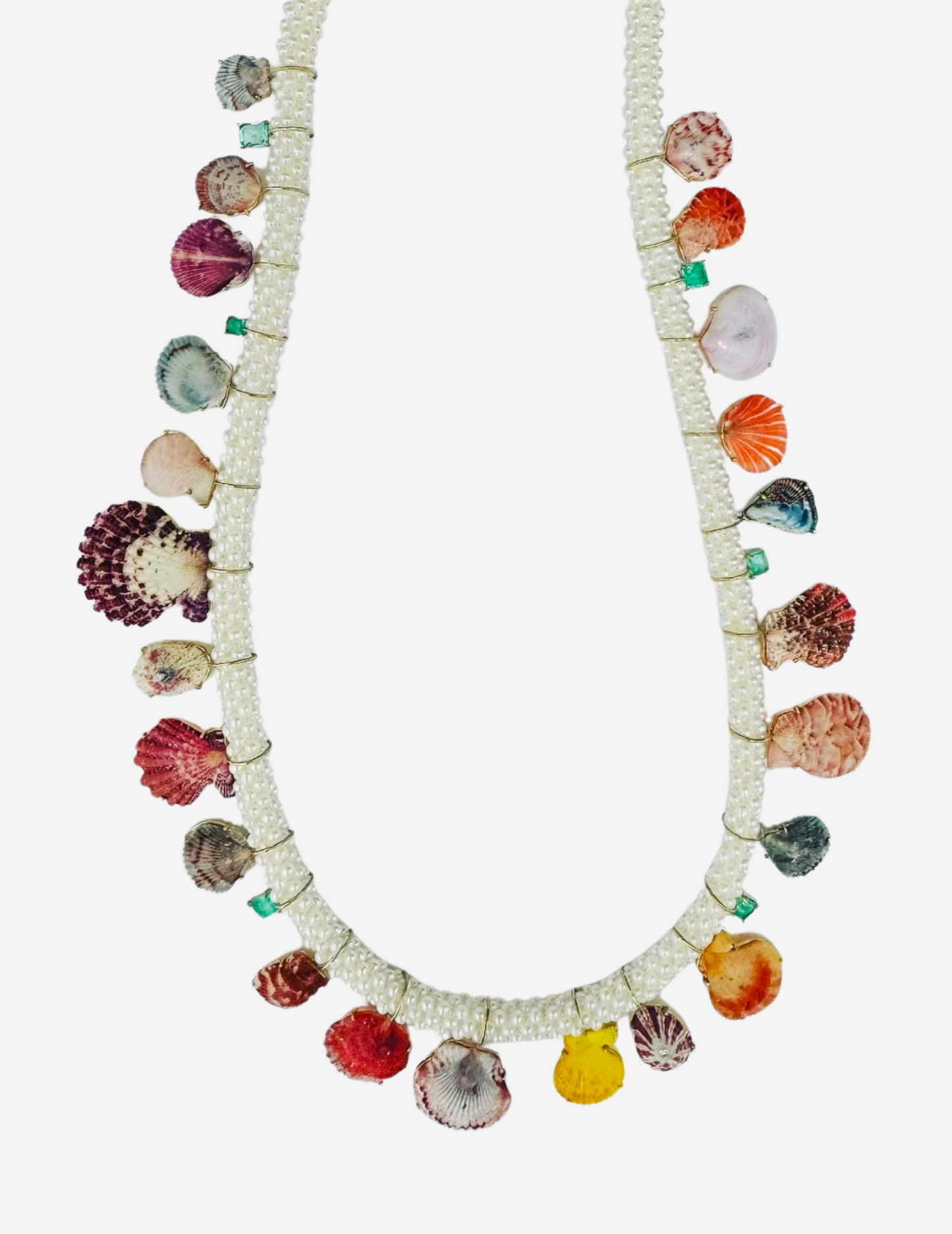 Embroidered Pearl Cord with Rare Shells, Emeralds and Diamonds