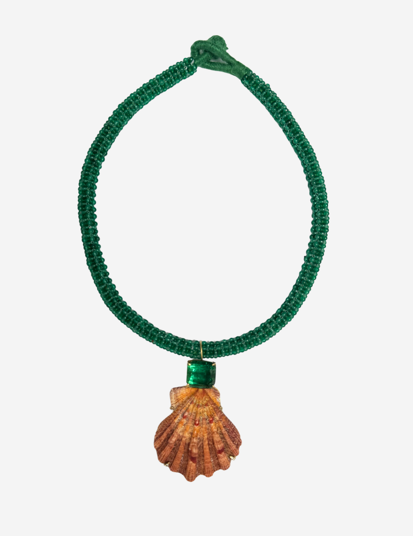 Green Onyx Embroidered Cord with Tourmaline, Shell and Diamond Prongs