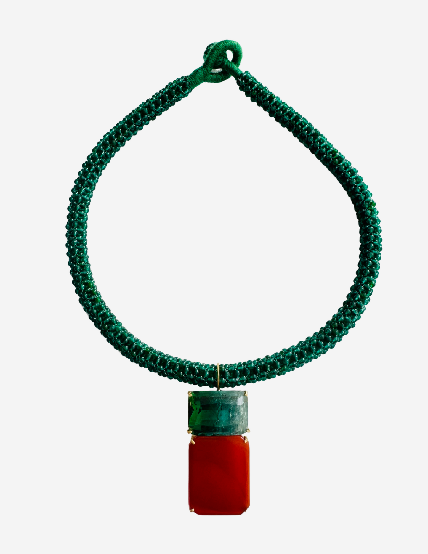 Green Onyx Embroidered Choker with Tourmaline and Carnelian