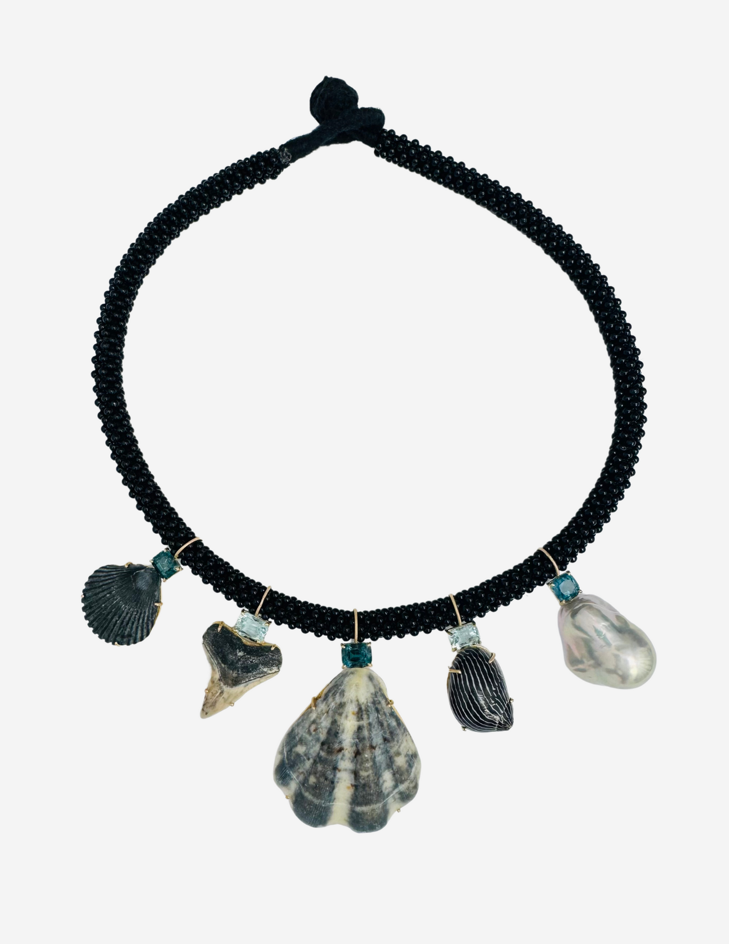 Black Onyx Embroidered Choker with Shells, Tahitian Baroque Pearl, Tiger Shark Tooth, Tourmalines and Aquamarine