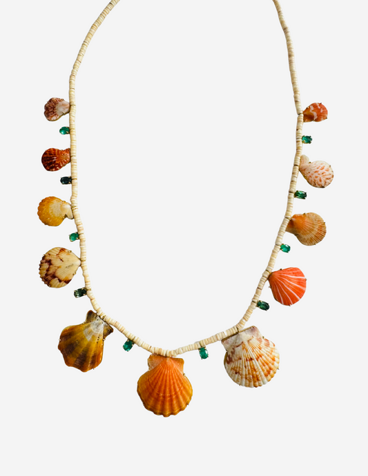 Orange Shells, Emeralds and Tourmalines on Shell Beads