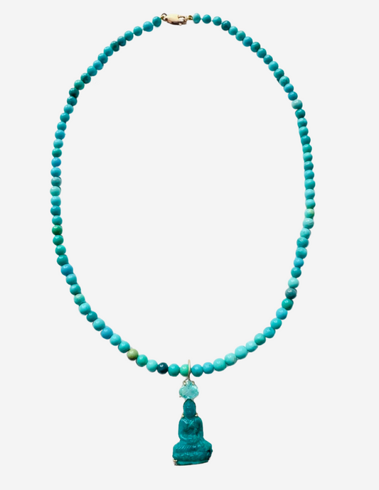 Turquoise Beads with Gem Silica Buddha Carving Sitting on Diamonds with Paraiba