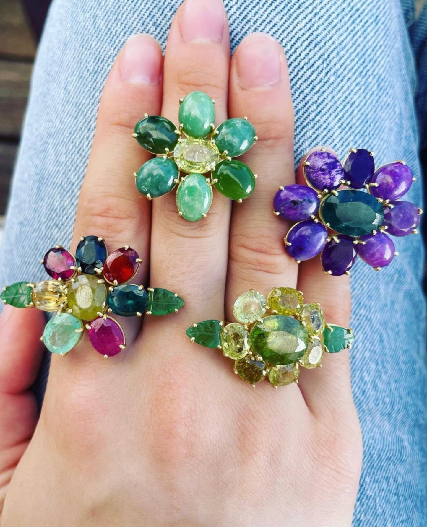 Multi Gem Flower Ring with Green Tourmaline Carved Petals