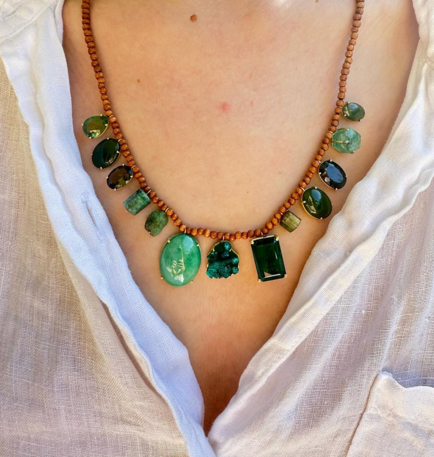Wood Beads with Apatite, Green Onyx, Tourmaline, Jade, Dioptase & Emerald
