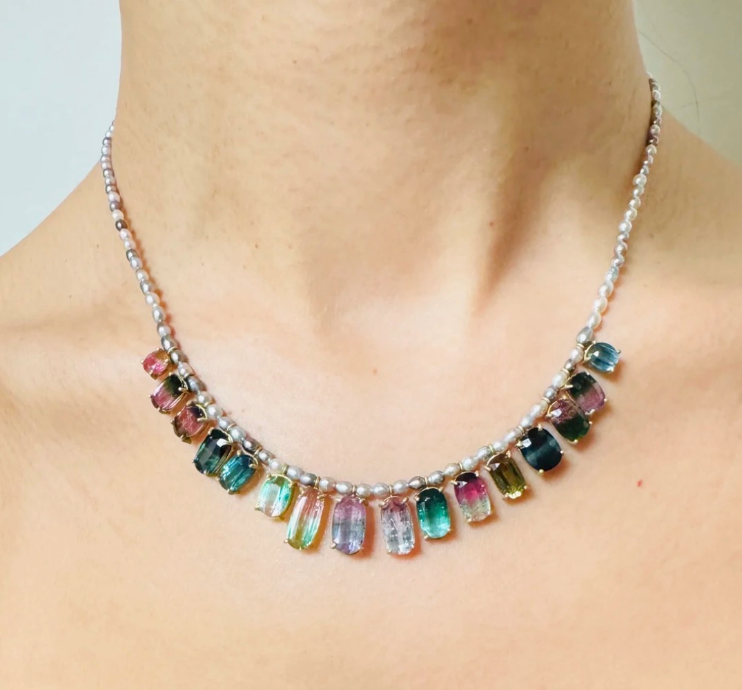 Tiny Tahitian Keshi Pearl and Bi Color Tourmaline Necklace