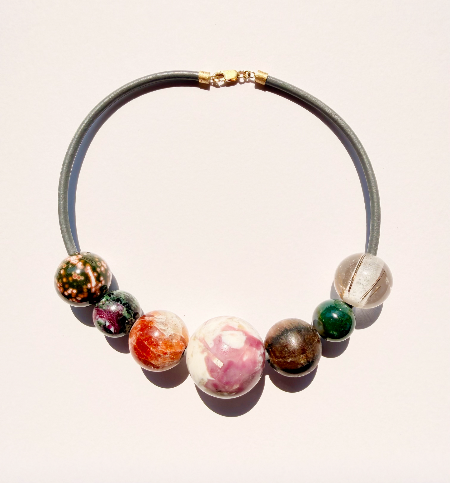 Gem Spheres Necklace, Jasper, Ruby Zoisite, Sunstone, Chiastolite, Jade, Rutilated Quartz