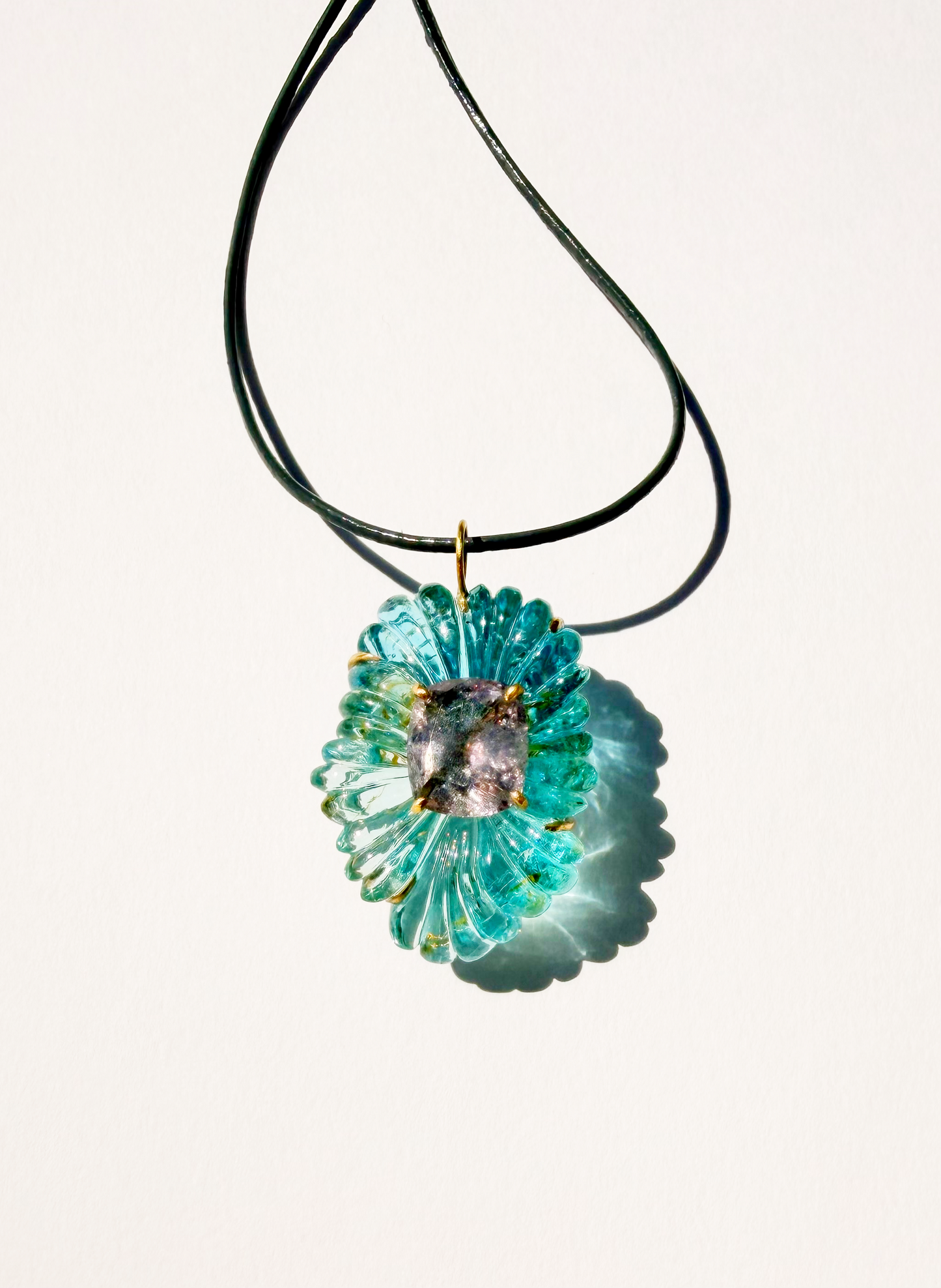 Aquamarine Flower Carving Pendant with Tourmaline