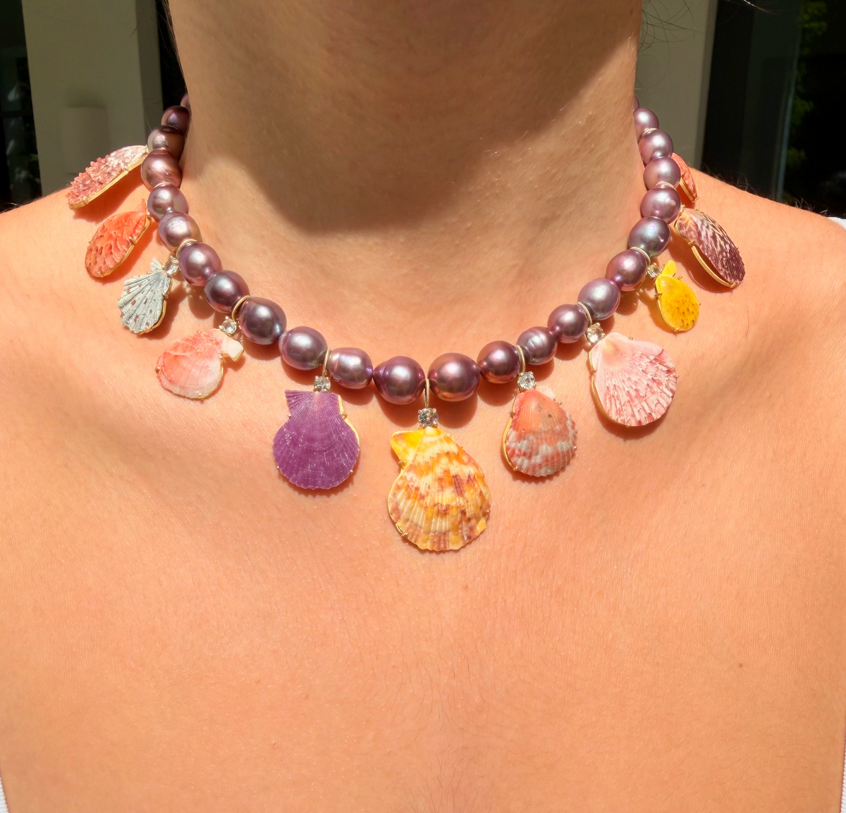 Pearl Necklace with Shells and Tourmaline