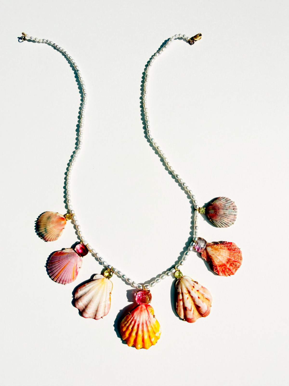 Shells with Akoya Pearls, Bi Color Tourmaline and Sphene