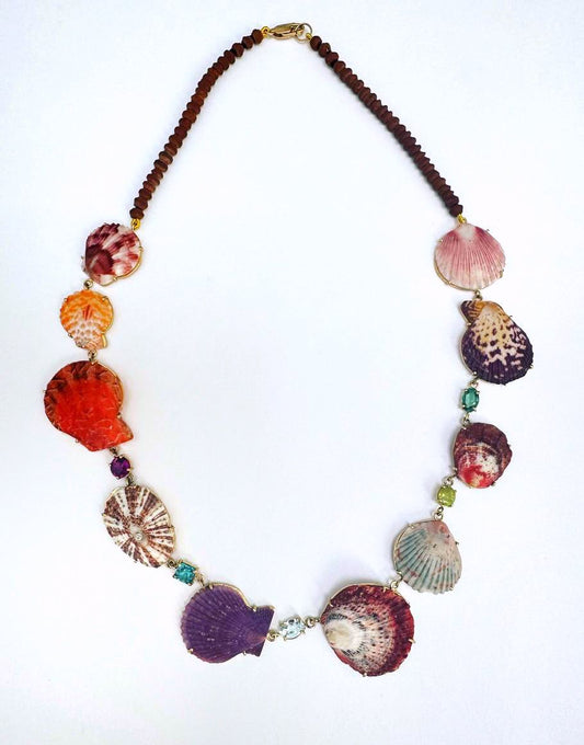 Shells with Aquamarine, Tourmaline, Garnet, Sphene and Diamond on Brown Jade Beads