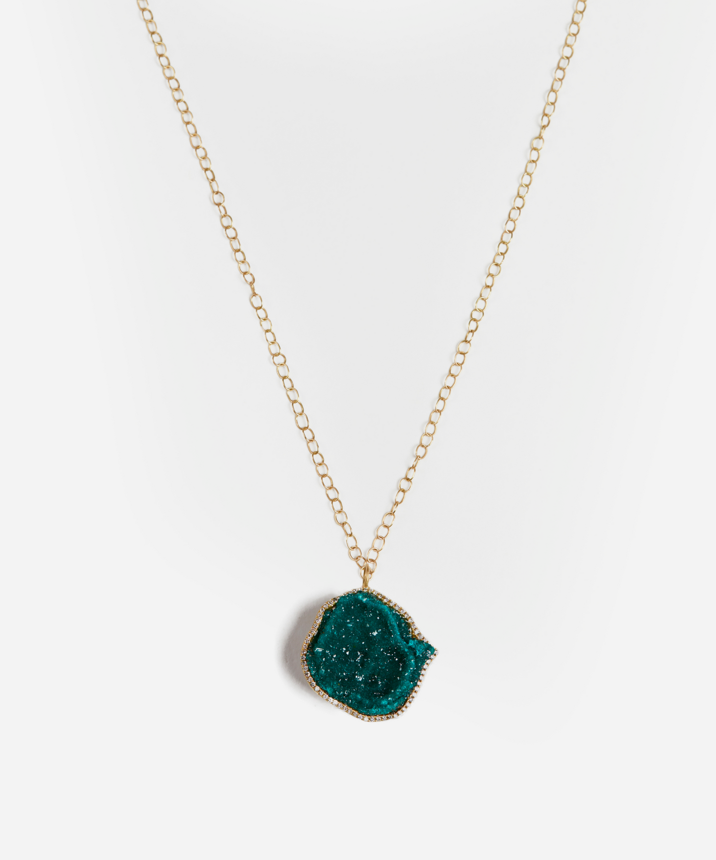 Dioptase and Diamond Pendant on Link Chain
