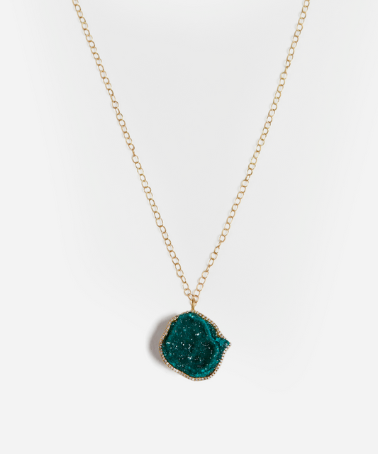 Dioptase and Diamond Pendant on Link Chain