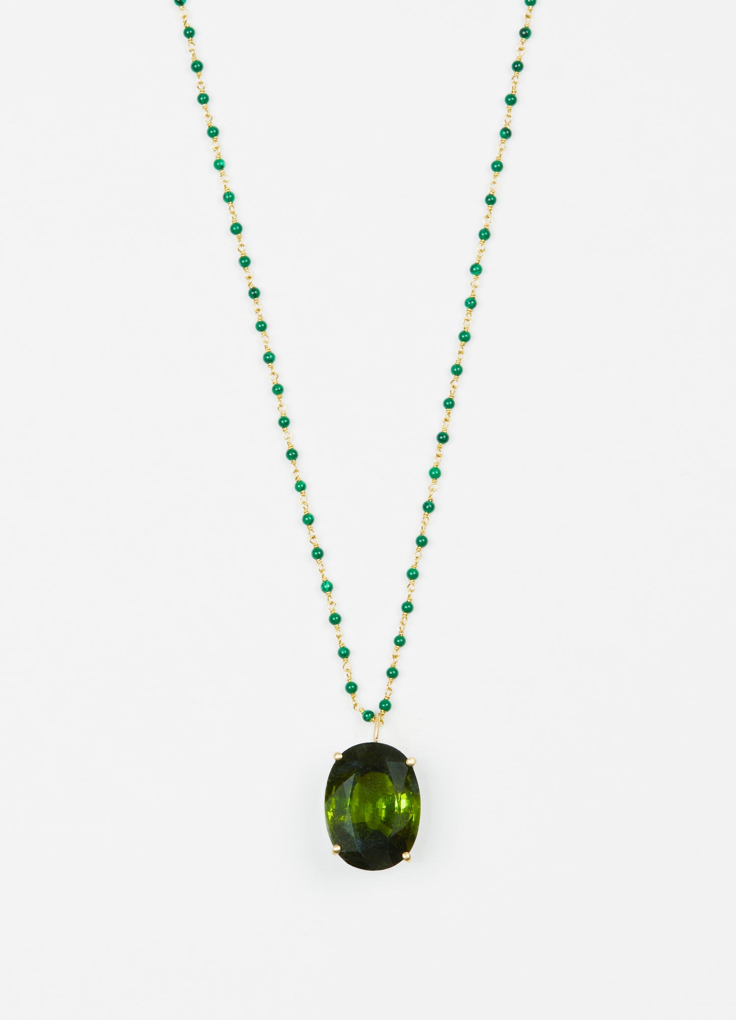 Green Tourmaline Pendant on Malachite and Gold Chain