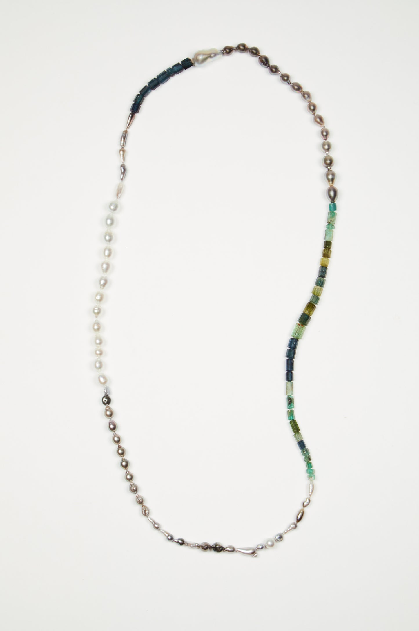Long Tahitian Keshi Pearls with Green Tourmaline and Emerald