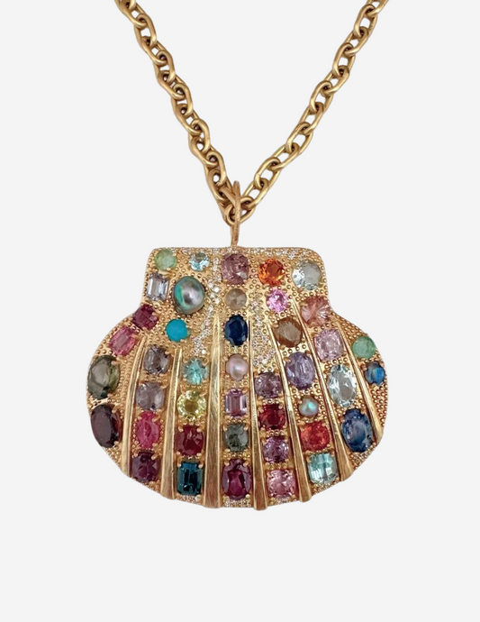 Shell Pendant with Sapphires, Tourmalines, Garnet, Spinel, Emerald, Aquamarine, Abalone Pearls and Diamonds