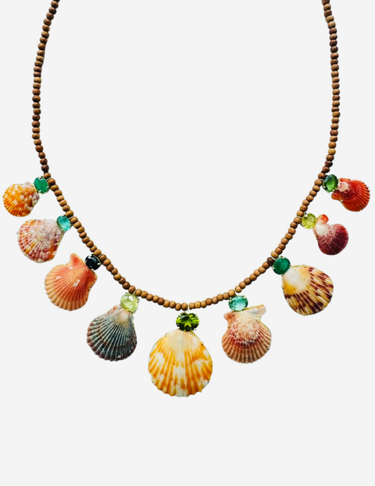 Wood Beads with Tourmalines, Emerald, Sphene and Shells
