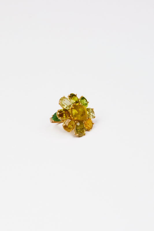 Sphene Ring with Green Tourmaline Leaf Carvings