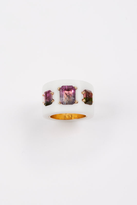 White Agate Ring with Bi Color Tourmalines