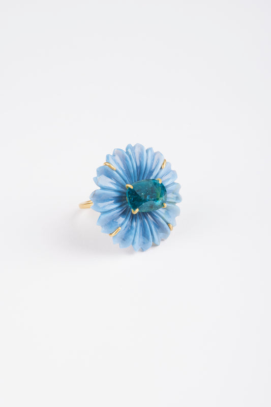 Blue Opal Flower with Blue Tourmaline Ring