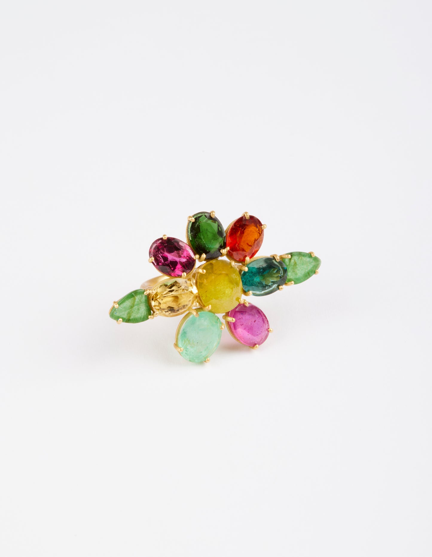 Multi Gem Flower Ring with Green Tourmaline Carved Petals