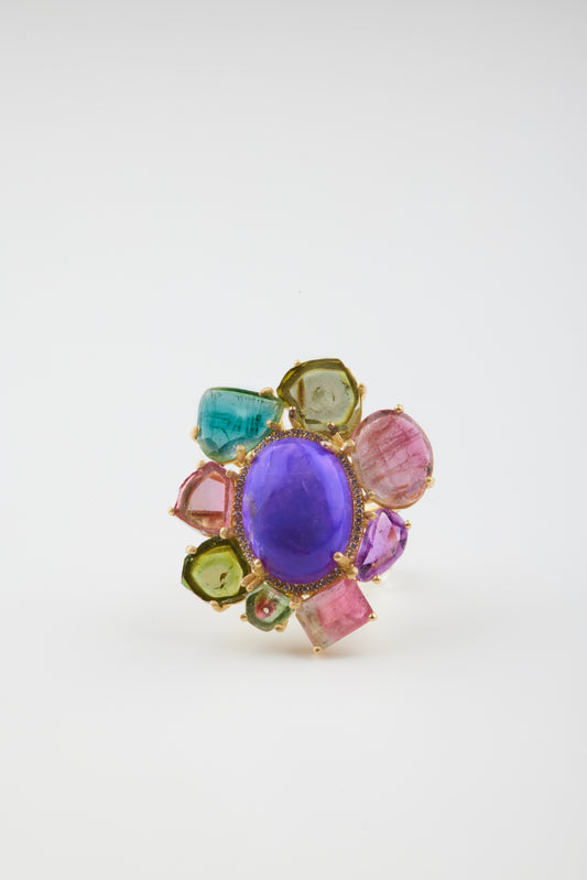Sujilite Ring with Diamonds and Bi Color Tourmaline