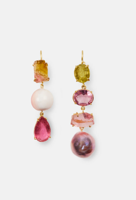 Mismatch Pearl, Tourmaline and Conch Earrings