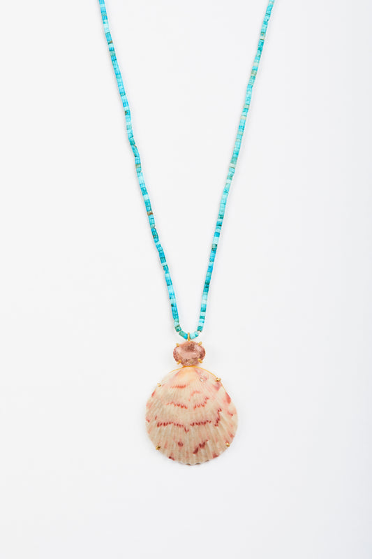 Turquoise Beads with Shell and Pink Tourmaline, Small Diamond in Shell