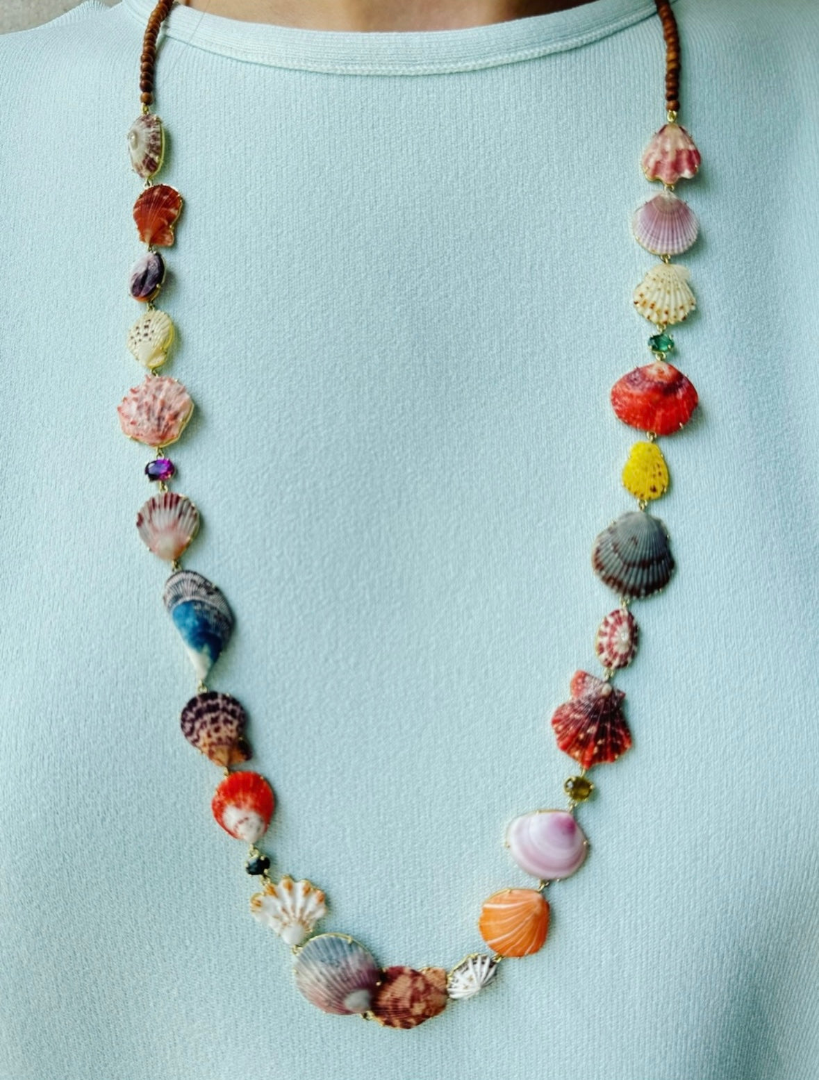 Shell, Diamond and Gem Necklace with Rosewood Beads