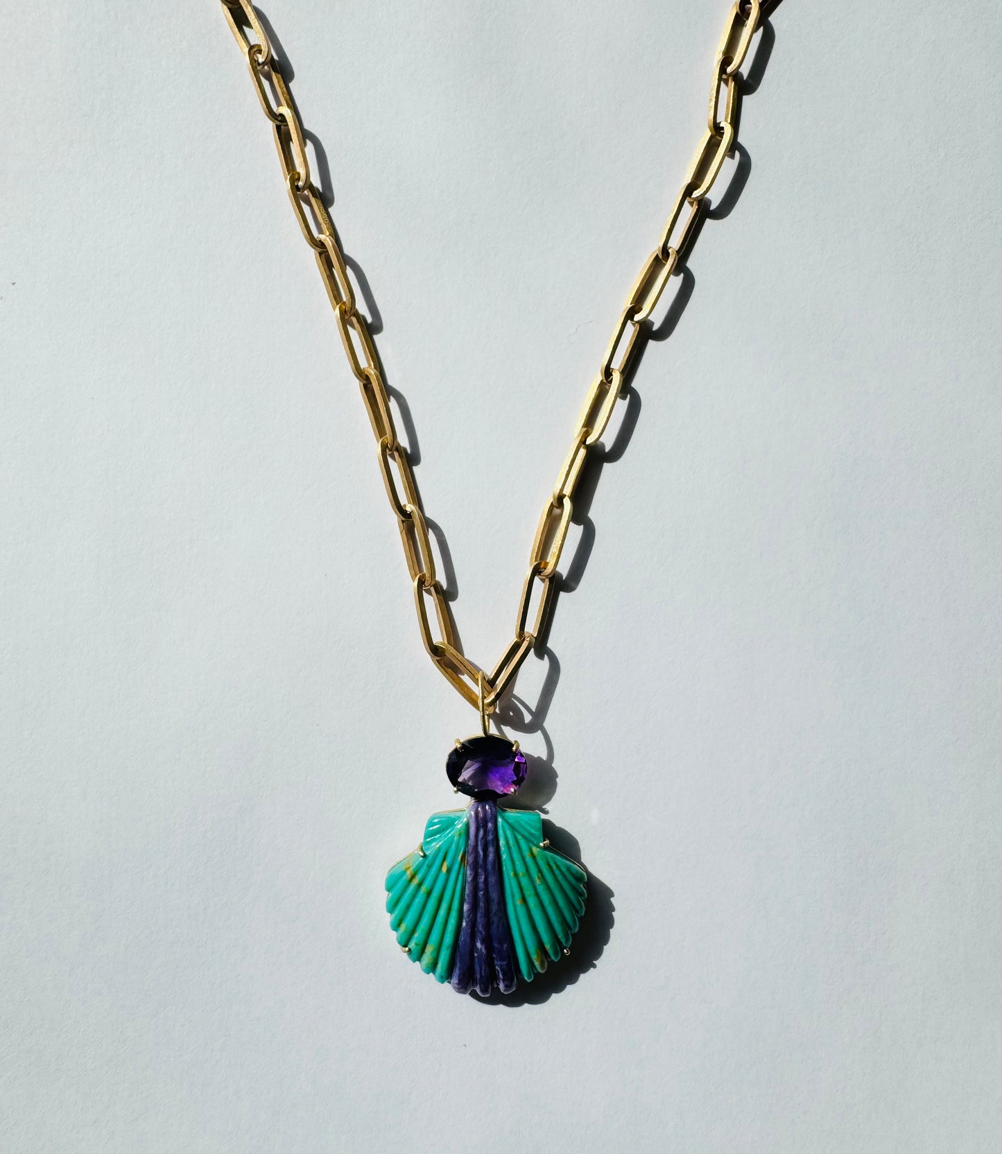 Turquoise and Chaorite Shell Carving Pendant with Amethyst