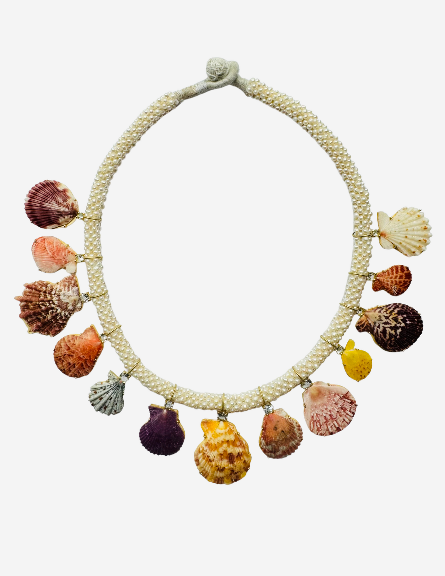 Aquamarines and Rare Shells on Pearl Embroidered Choker