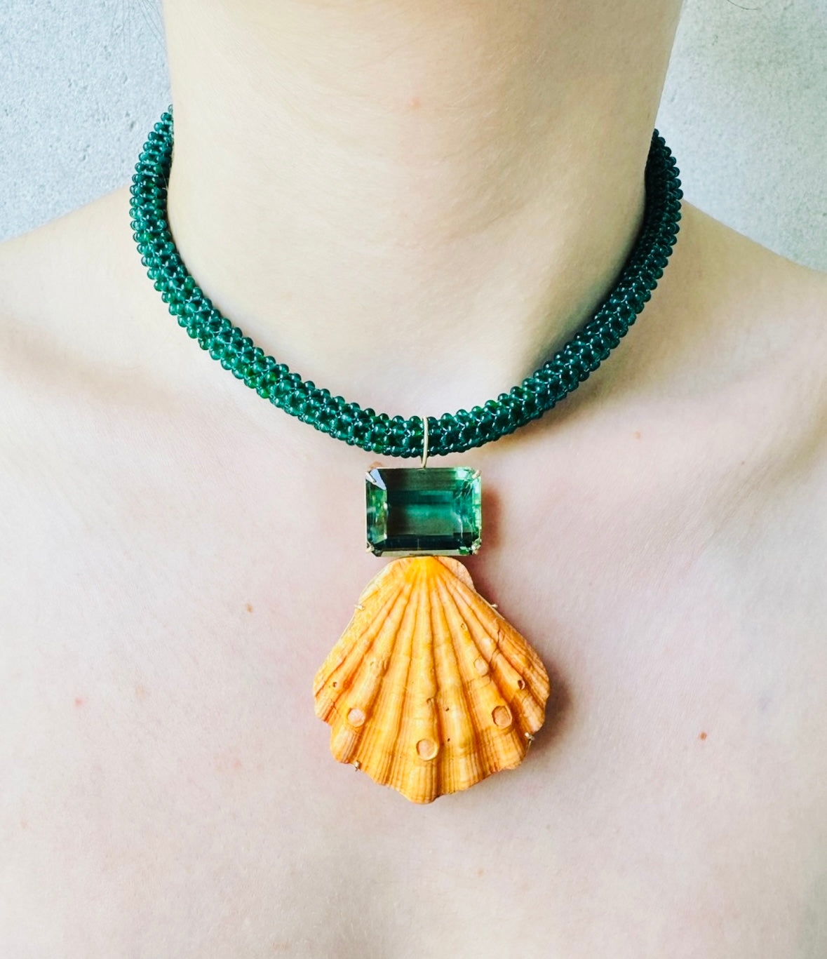 Green Onyx Embroidered Choker with Green Amethyst and Lion's Paw