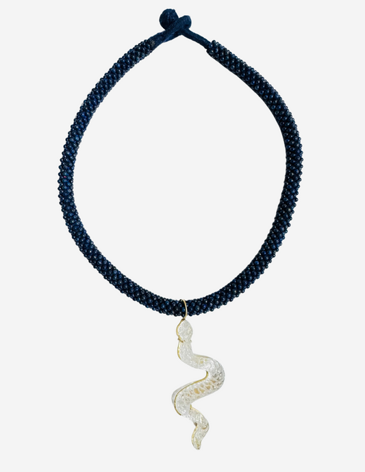 Lapis Embroidered Choker with Quartz Snake Carving