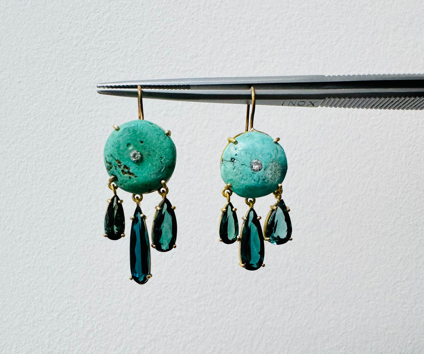 Ancient Turquoise, Diamond and Tourmaline Earrings