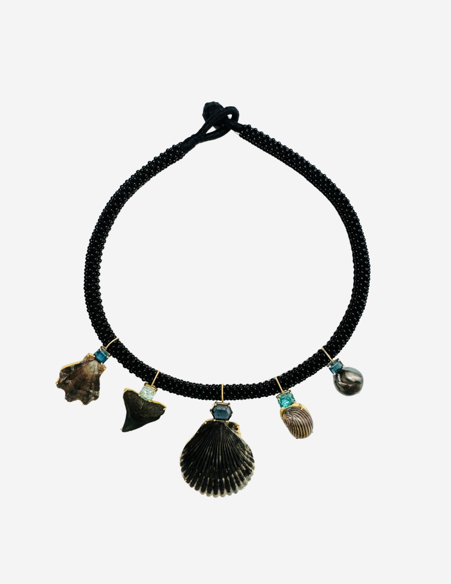 Black Onyx Embroidered Cord with Shells, Shark Tooth, Tahitian Keshi Pearl, Tourmaline and Aquamarine