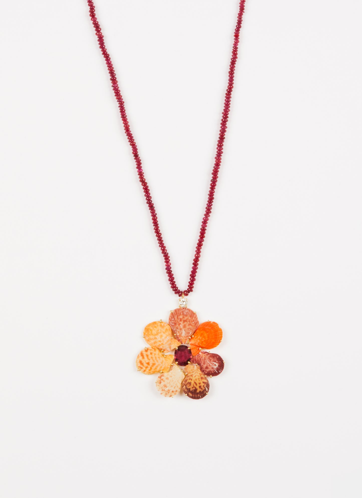 Ruby Beads with Shell Flower, Diamond and Garnet