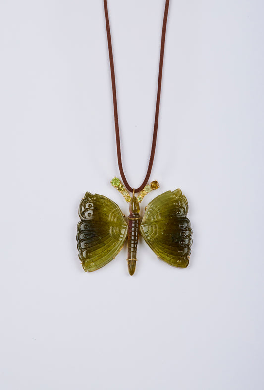 Bi Color Butterfly Carving Pendant with Sphene Antennae on Brown Cord